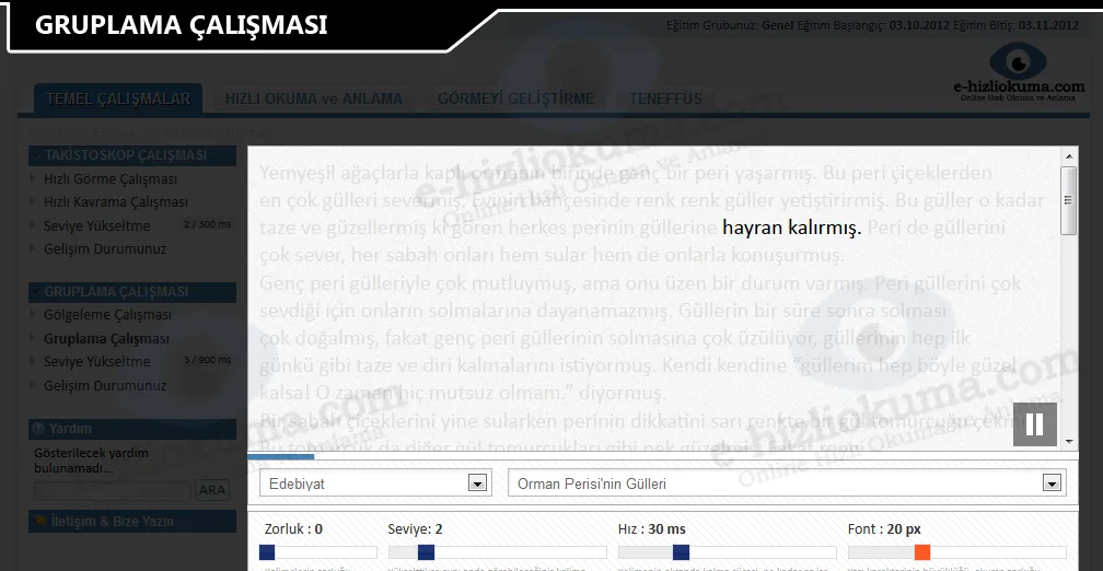 HızlıOku gruplama çalışması: kelime grubunun vurgulanması