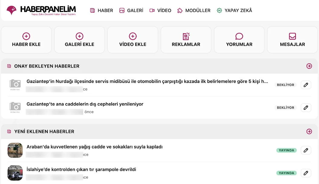 HaberPanelim yönetim paneli ana ekranı: haber, galeri, video, reklam ve yorum kısayolları (editör adları gizlenmiştir)
