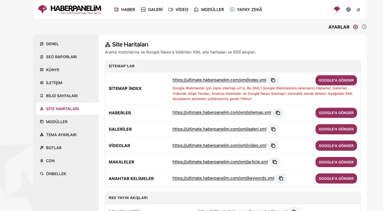 HaberPanelim site haritaları: sitemap indeksi, haber, galeri, video, makale ve anahtar kelime haritaları ve Google'a gönder düğmeleri