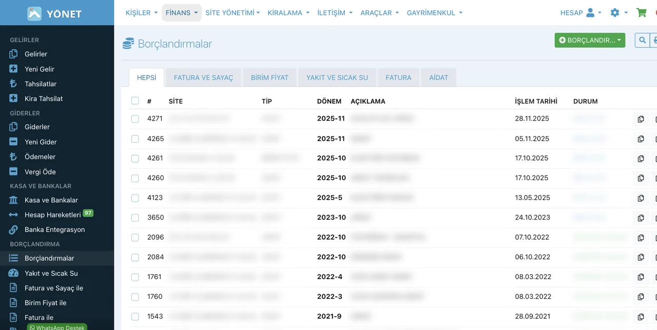 KiracıTakip borçlandırmalar ekranı: fatura ve sayaç, birim fiyat, yakıt ve sıcak su, fatura ve aidat sekmeleri, dönem ve işlem tarihi (kişi ve mülk adları gizlenmiştir)