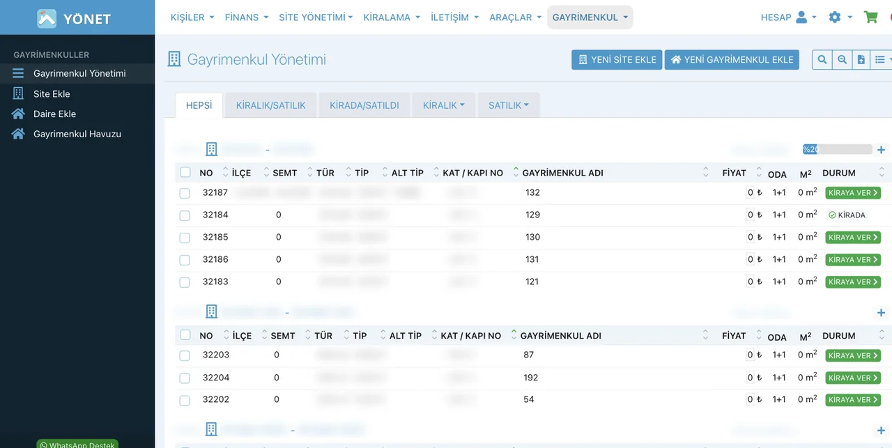 KiracıTakip gayrimenkul yönetimi ekranı: kiralık/satılık sekmeleri, site başlıkları altında gayrimenkul listesi ve kiraya ver durum düğmeleri (kişi ve mülk adları gizlenmiştir)