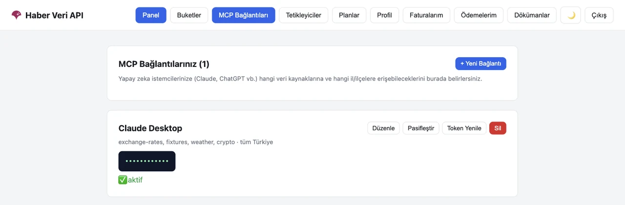 NewsData MCP bağlantıları ekranı: Claude Desktop bağlantısı, erişilebilen veri kaynakları ve token yenileme (hesap adı, anahtarlar ve alan adları gizlenmiştir)